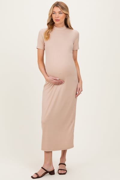 Rhea + Thea Taupe Ribbed Mock Neck Short Sleeve Maternity Midi Dress