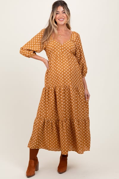 BaeVely Dark Yellow Floral Long Sleeve Tiered Maternity Maxi Dress