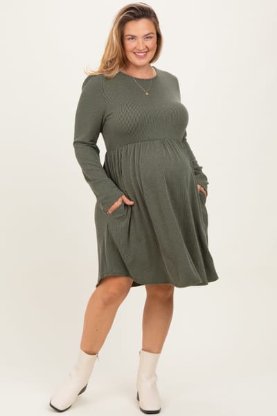 Heimish Olive Textured Rib Long Sleeve Maternity Plus Dress