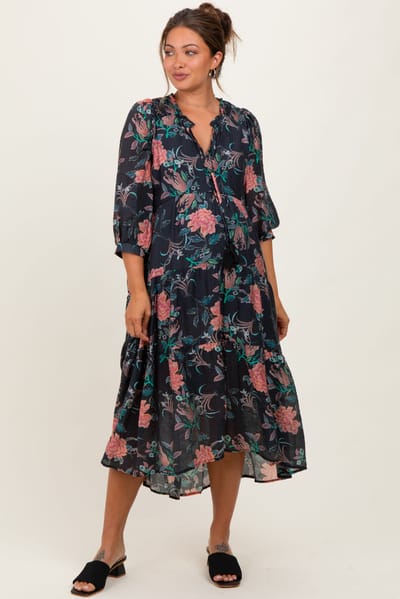 PinkBlush Black Floral Front Tie Tiered Maternity Midi Dress