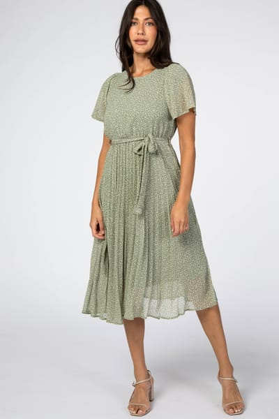 Polagram Light Olive Leaf Print Pleated Midi Dress