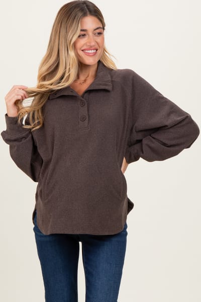 PinkBlush Brown Brushed Knit Button Collar Maternity Pullover