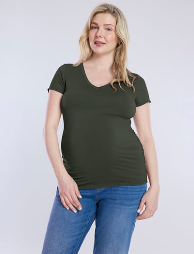 Motherhood Maternity Side Ruched Short Sleeve V-Neck  Maternity Tee
