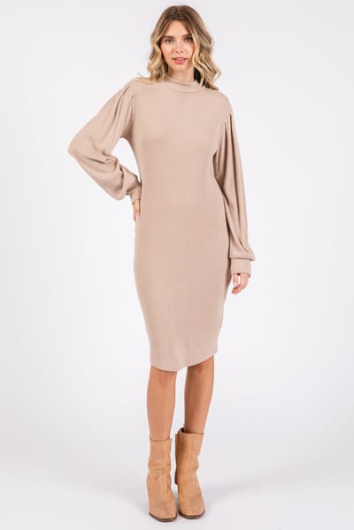 Hello Miz Beige Ribbed Long Sleeve Mock Neck Dress