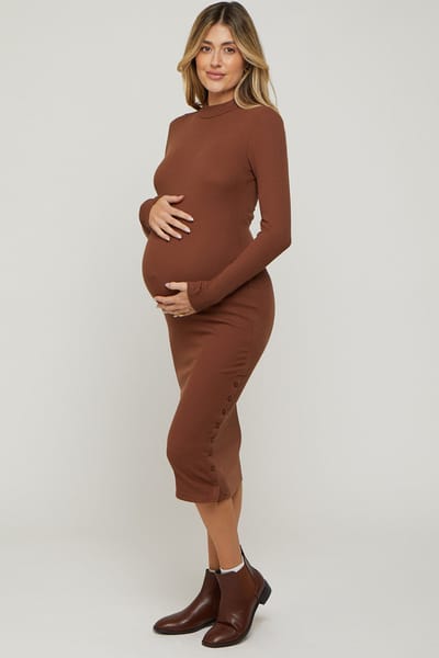 Hearts and Hips Brown Ribbed Mock Neck Button Side Slit Maternity Midi Dress
