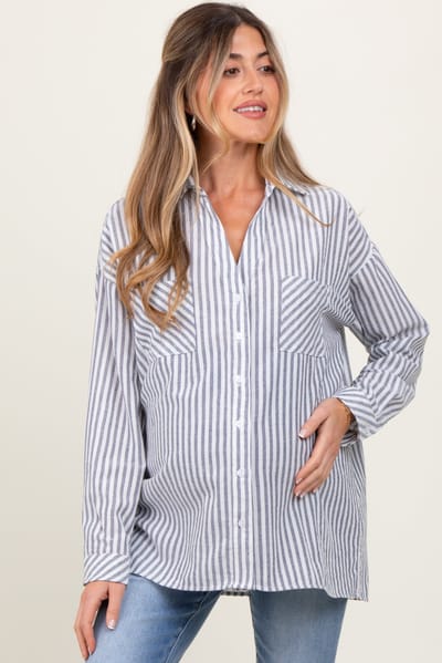 PinkBlush Navy Striped Double Pocket Maternity Button Down Top
