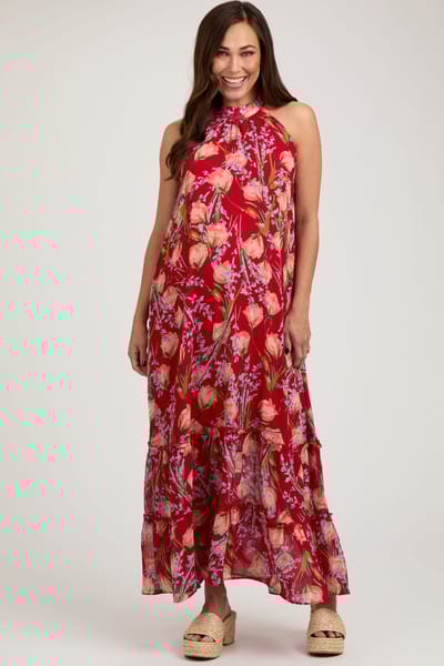 PinkBlush Red Floral Halter Maternity Maxi Dress