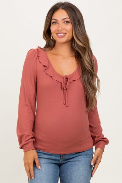 PinkBlush Mauve Ruffle Tie Detail Long Sleeve Maternity Top