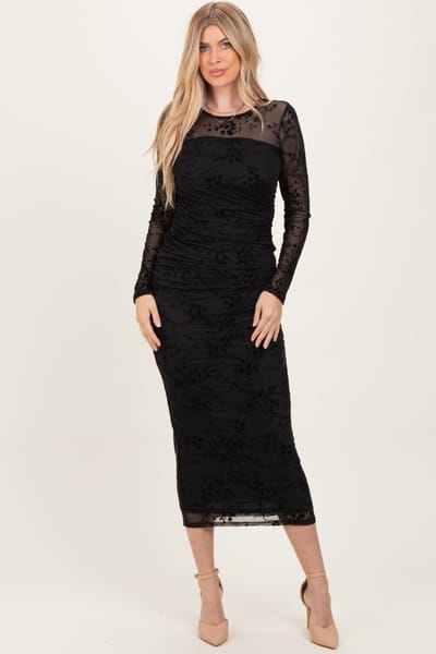 Blue S Black Floral Flocked Mesh Long Sleeve Midi Dress