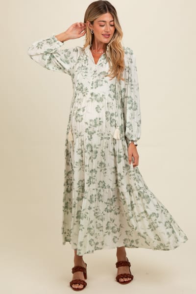 Polagram Olive Floral Button Front Tiered Long Sleeve Maternity Maxi Dress
