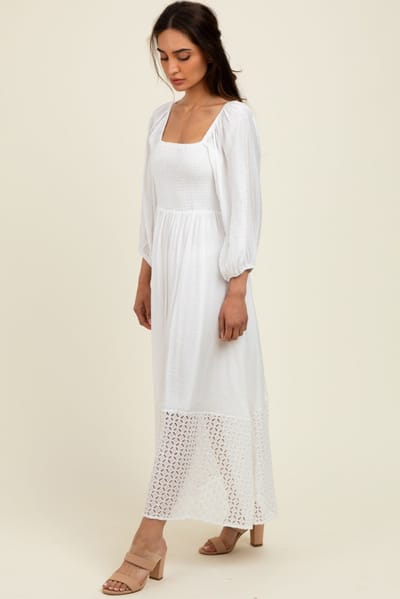 Hem & Thread White Eyelet Contrast Smocked Bubble Sleeve Midi Dress