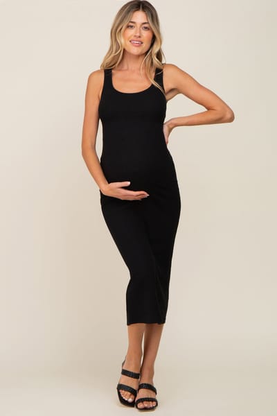 Hearts and Hips Black Ribbed Basic Maternity Maxi Dress