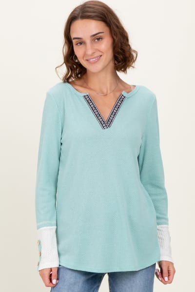 Lovely Melody Mint Green Waffle Knit Colorblock Long Sleeve Top