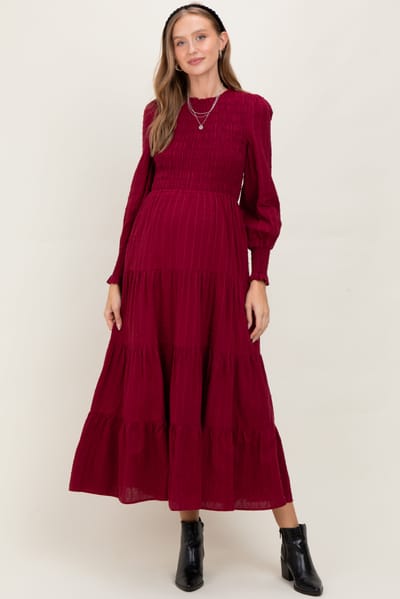 In Loom Burgundy Swiss Dot Smocked Tiered Maternity Maxi Dress