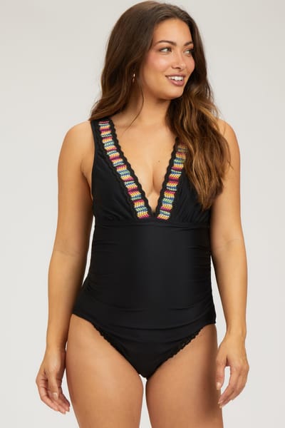 Charmo Black Crochet Accent Sleeveless Maternity One Piece Swimsuit