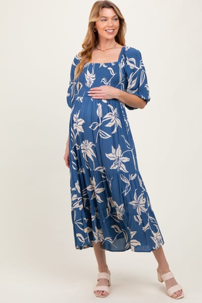 Angie Blue Smocked Puff Sleeve Maternity Midi Dress