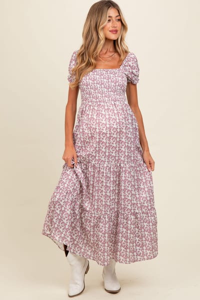 PinkBlush Mauve Floral Puff Sleeve Smocked Maternity Maxi Dress