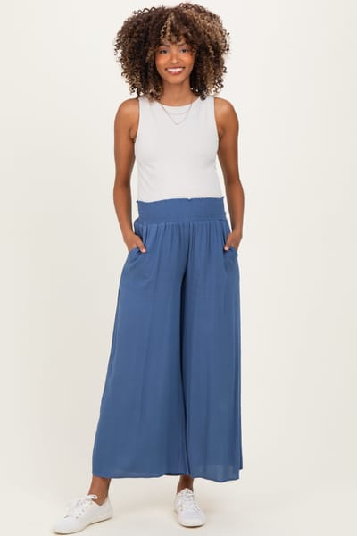 PinkBlush Blue Smocked Waist Ankle Wide Leg Maternity Pants