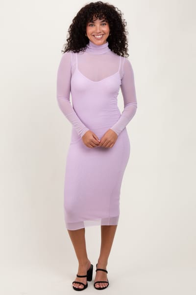 Fore Collection Lavender Mesh Overlay Fitted Midi Dress