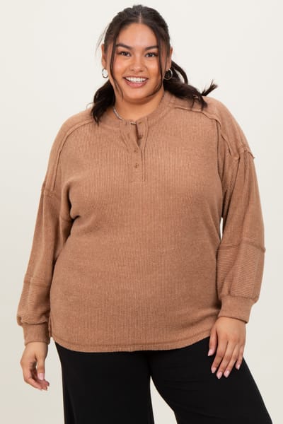 Zenana Outfitters Camel Oversized Ribbed Knit Henley Plus Sweater