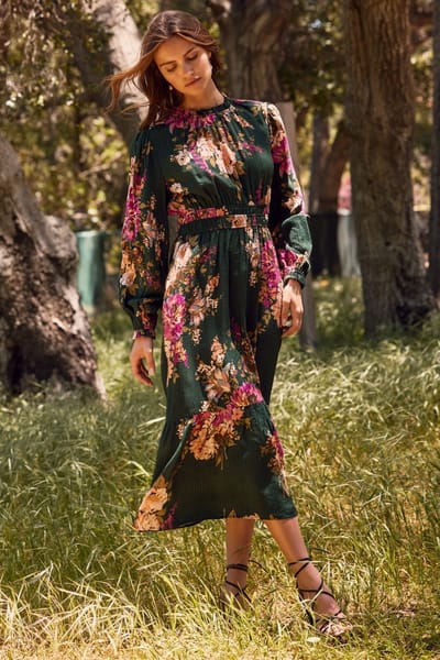 ODDI Forest Green Floral Long Sleeve Midi Dress