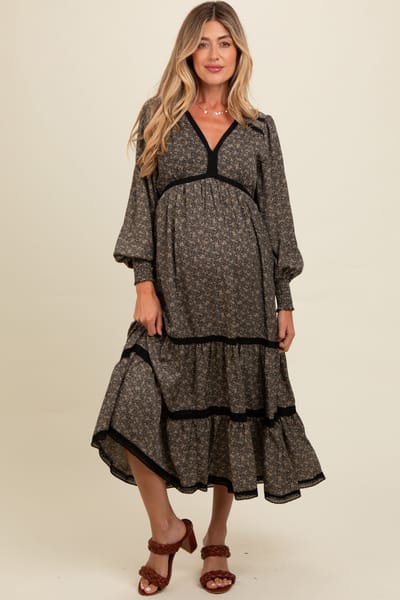 In Loom Black Floral Lace Trim Bubble Sleeve Maternity Maxi Dress