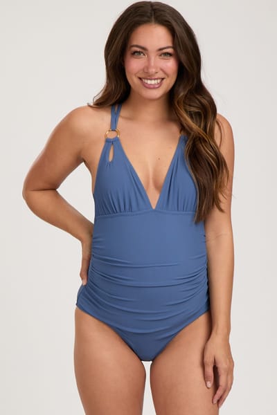 Charmo Blue Ribbed V-Neck Ruched Criss Cross Low Back Maternity One Piece Swimsuit