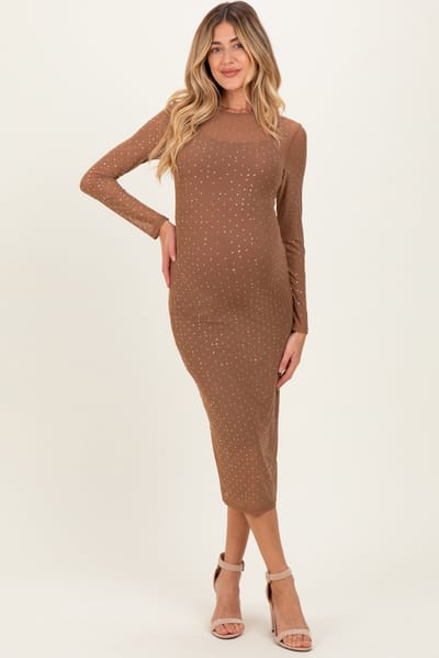 Spring Haze Mocha Rhinestone Mesh Long Sleeve Maternity Midi Dress