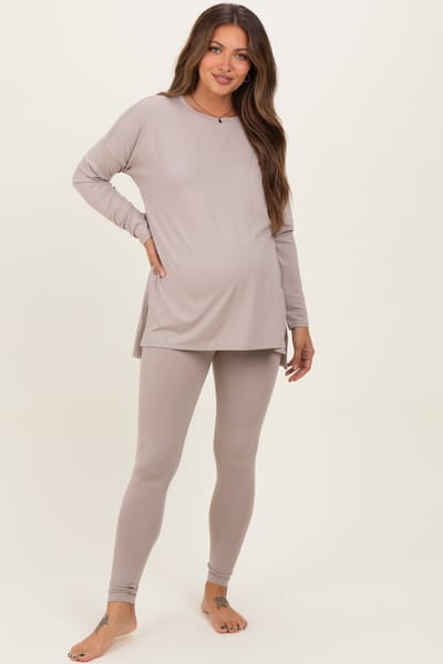 Zenana Outfitters Light Mocha Brushed Knit Oversized Top and Legging Maternity Set