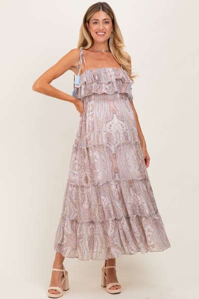 PinkBlush Beige Paisley Ruffle Tiered Shoulder Tie Maternity Maxi Dress
