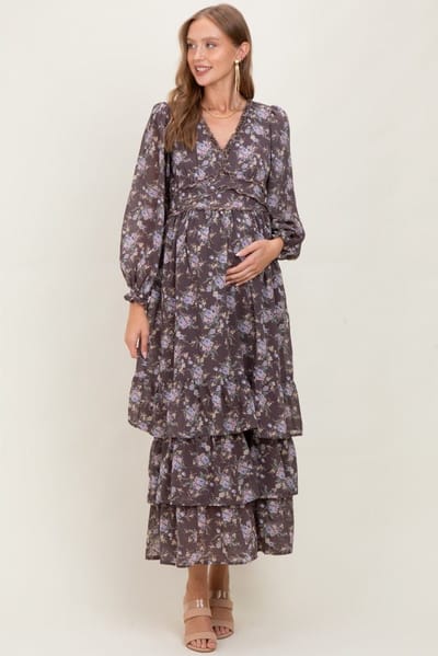 PinkBlush Brown Vintage Floral Ruffle Tiered Hem Maternity Maxi Dress