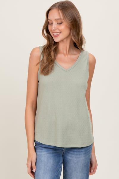 Staccato Light Olive Pointelle Knit V-Neck Sleeveless Top