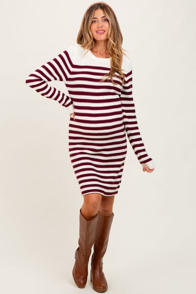 PinkBlush Burgundy Striped Button Accent Maternity Mini Sweater Dress