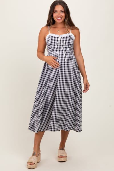 PinkBlush Black Gingham Smocked Trim Maternity Midi Dress