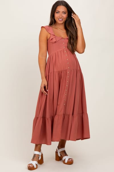 PinkBlush Rust Button Front Ruffle Square Neck Maternity Midi Dress