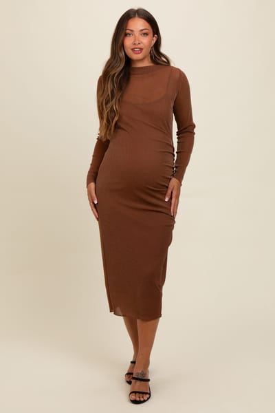 PinkBlush Brown Shimmer Mesh Long Sleeve Ruched Maternity Midi Dress