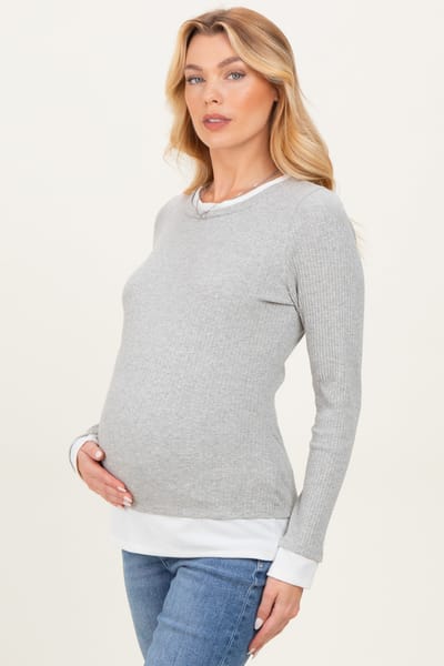 Rhea + Thea Heather Grey Ribbed Long Sleeve Double Layer Maternity Top
