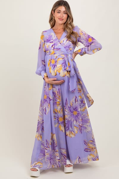 PinkBlush Lavender Floral Chiffon Sash Tie Maternity Wrap Maxi Dress
