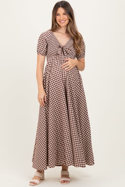 PinkBlush Mocha Smocked Gingham Maternity Maxi Dress