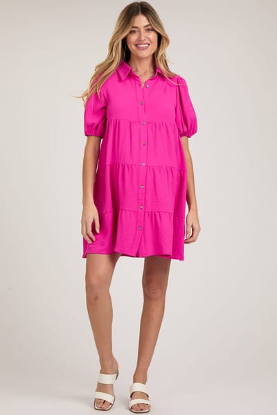 PinkBlush Fuchsia Button Front Tiered Collared Maternity Dress