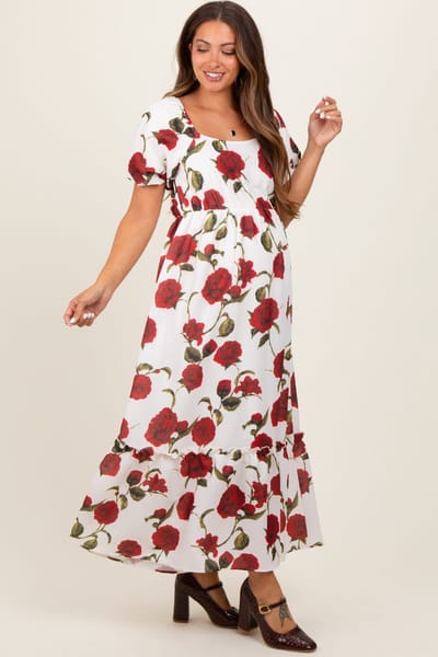 PinkBlush Cream Floral Square Neck Short Puff Sleeve Maternity Midi Dress