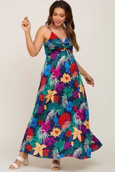 PinkBlush Black Tropical Floral Satin Pleated Maternity Maxi Dress