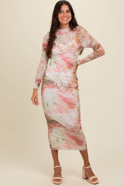 Blanc Clothing Pink Abstract Printed Mesh Overlay Maxi Dress