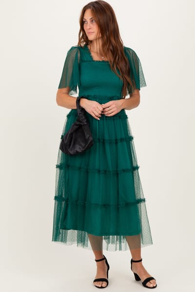 Dress Day Emerald Green Ruffled Mesh Maxi Dress
