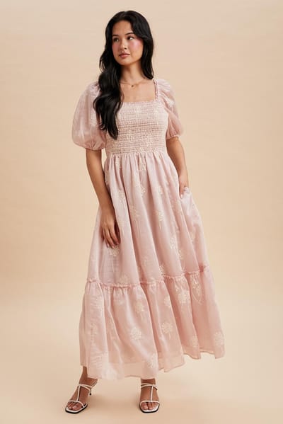 In Loom Light Pink Embroidered Floral Smocked Maxi Dress