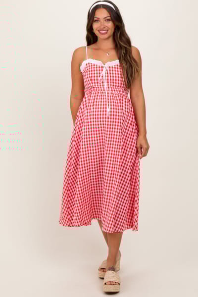 Entro Red Gingham Smocked Trim Maternity Midi Dress