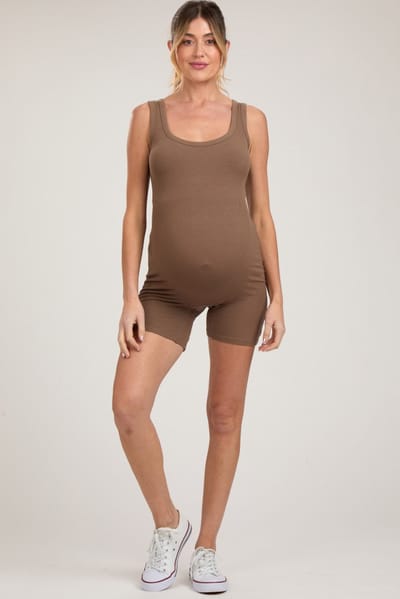 Wishlist Mocha Sleeveless Ribbed Biker Short Maternity Romper
