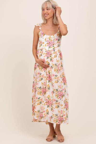 PinkBlush Cream Floral Cutout Tie Back Maternity Midi Dress