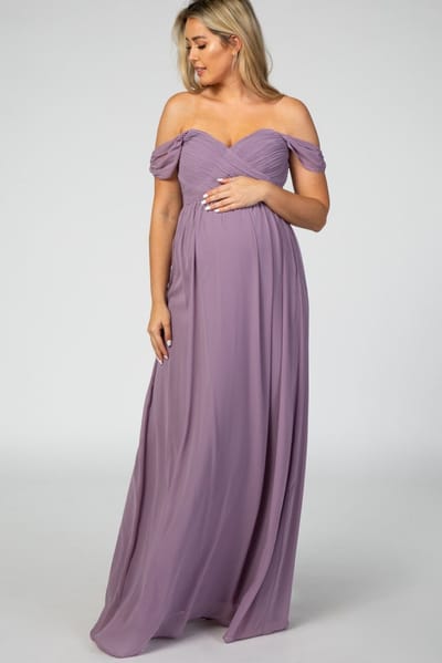 Maniju PinkBlush Lavender Off Shoulder Chiffon Maxi Maternity Dress