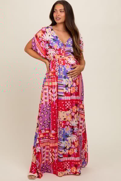 PinkBlush Red Mixed Print Bell Sleeve Maternity Maxi Dress